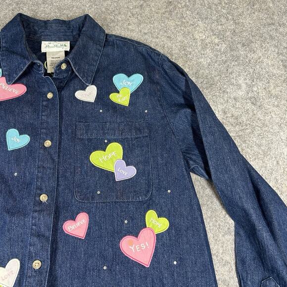 Vintage Quacker Factory Top Medium Denim Embroidered Hearts Valentines Flaws - Picture 2 of 11